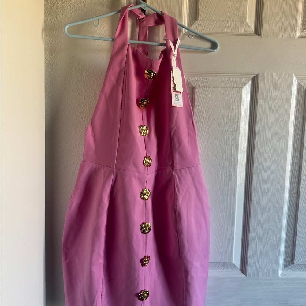 Pink Halter Dress with Gold Buttons